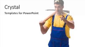  Presentation with old wite man and his music - PPT theme having pick ax - young man contractor with axe background and a  colored foreground