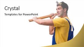  Presentation with old wite man and his music - PPT theme having pick ax - young man contractor with axe background and a white colored foreground