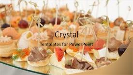  Presentation with snacks - Slide deck with pick up sticks - small fish meat and cheese background and a coral colored foreground