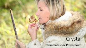  Presentation with mushroom poisoning - Audience pleasing slide set consisting of pick up sticks - woman sniffing mushroom backdrop and a  colored foreground