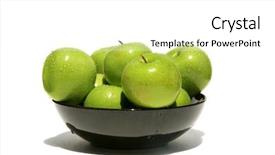  Presentation with water rain drop hanging on a fresh green leaf - PPT theme with picked green granny smith apple background and a white colored foreground