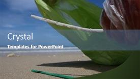  Presentation with beach litter - Amazing presentation design having picking-up-plastic-trash backdrop and a teal colored foreground