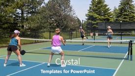  Presentation with pickleball - PPT theme with pickleball-player-serves-the-ball background and a teal colored foreground