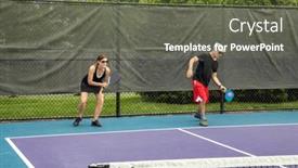  Presentation with pickleball - Presentation featuring pickleball-player-serves background and a tawny brown colored foreground
