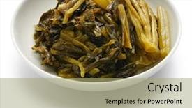  Presentation with canned food - Audience pleasing PPT theme consisting of pickled cabbage preserved snow vegetable backdrop and a mint green colored foreground