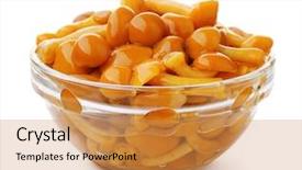  Presentation with magic mushrooms - Colorful slides enhanced with pickled mushrooms in glass bowl backdrop and a gold colored foreground