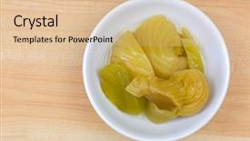  Presentation with pickle - Slides featuring pickled mustard green in brine background and a coral colored foreground