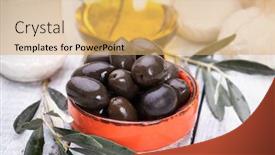  Presentation with mediterranean food - Audience pleasing PPT theme consisting of pickled-olives-ready-to-eat backdrop and a yellow colored foreground