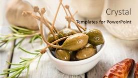  Presentation with marinated pickles variety preserving jars - Colorful PPT theme enhanced with pickled-or-marinated-green-capers backdrop and a lemonade colored foreground