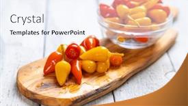  Presentation with chili - Presentation consisting of pickled-red-and-yellow-hot background and a sky blue colored foreground