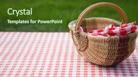  Presentation with picnic table and food - Theme consisting of picnic basket on table background and a tawny brown colored foreground