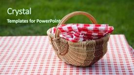  Presentation with picnic - Theme having picnic basket on table background and a tawny brown colored foreground