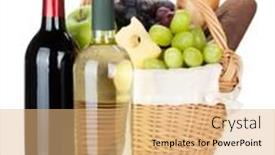 Presentation with wine cheese - Audience pleasing presentation design consisting of picnic basket with bread cheese grape and wine bottles isolated on white background backdrop and a coral colored foreground