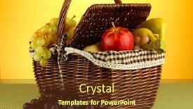  Presentation with picnic - Slide deck with picnic basket with fruits on cloth on yellow background background and a tawny brown colored foreground