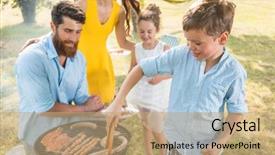 Presentation with family day - PPT theme featuring picnic outdoors in a summer background and a coral colored foreground