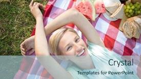  Presentation with smiling kids at summer camp - Beautiful slides featuring picnic park - happy blonde lying and smiling backdrop and a  colored foreground