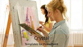  Presentation with creativity - Audience pleasing presentation theme consisting of pictorial - art school creativity and people backdrop and a coral colored foreground