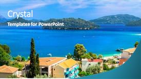  Presentation with panoramic - Theme with pictorial - panoramic view of nidri bay background and a teal colored foreground