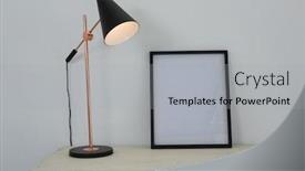  Presentation with illuminated - Colorful presentation design enhanced with picture frame and illuminated lamp on wooden table backdrop and a light gray colored foreground