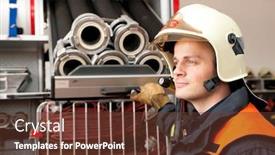  Presentation with firefighter - Presentation design enhanced with picture from a young and successful firefighter at work background and a tawny brown colored foreground