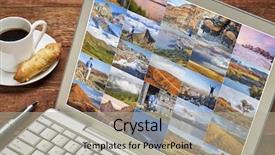  Presentation with cup coffee - PPT theme featuring picture gallery from hiking mountains background and a light gray colored foreground