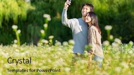  Presentation with take - Colorful presentation theme enhanced with picture man - asian couple take photo backdrop and a yellow colored foreground