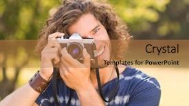  Presentation with vintage - Slide set consisting of picture man - handsome hipster using vintage camera background and a  colored foreground