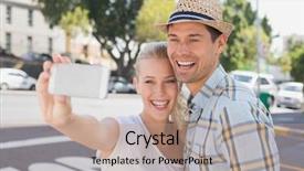  Presentation with hip - Beautiful presentation design featuring picture man - young hip couple taking backdrop and a coral colored foreground