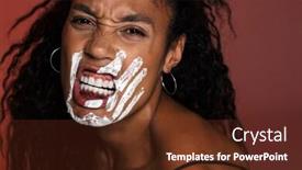  Presentation with hand print - Presentation theme consisting of picture of a beautiful emotional african young woman isolated over red wall background with hand print on face background and a tawny brown colored foreground