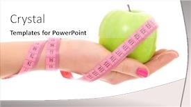  Presentation with tape measure - Cool new slide set with picture of a female hand showing a green apple and a measure tape over white background backdrop and a white colored foreground