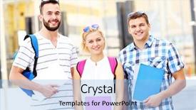  Presentation with college campus - PPT theme enhanced with picture of a group of students standing in the college campus background and a light blue colored foreground