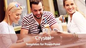  Presentation with smartphones - PPT theme with picture of a group of friends resting in an outdoor cafe and using smartphones background and a coral colored foreground