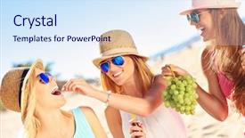  Presentation with picnic - Presentation design featuring picture of a group of friends having picnic on the beach background and a sky blue colored foreground