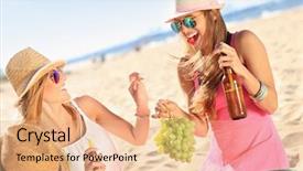  Presentation with picnic - Colorful PPT theme enhanced with picture of a group of friends having picnic on the beach backdrop and a coral colored foreground