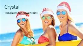  Presentation with mattress - Audience pleasing PPT layouts consisting of picture of a group of women in bikini and santa's hats holding mattress on the beach backdrop and a cool aqua colored foreground