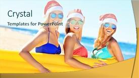  Presentation with mattress - Slide deck with picture of a group of women in bikini and santa's hats holding mattress on the beach background and a sky blue colored foreground