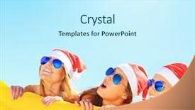  Presentation with mattress - Slide deck having picture of a group of women in bikini and santa's hats holding mattress on the beach background and a cool aqua colored foreground