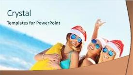  Presentation with mattress - Presentation design consisting of picture of a group of women in bikini and santa's hats holding mattress on the beach background and a sky blue colored foreground