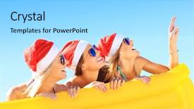  Presentation with mattress - Amazing slide deck having picture of a group of women in bikini and santa's hats holding mattress on the beach backdrop and a arctic colored foreground