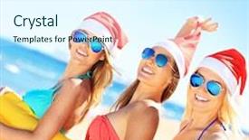  Presentation with mattress - Cool new PPT layouts with picture of a group of women in bikini and santa's hats holding mattress on the beach backdrop and a sky blue colored foreground
