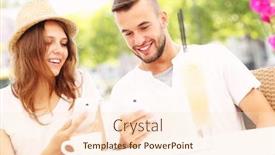  Presentation with smartphones - Audience pleasing PPT theme consisting of picture of a happy couple with their smartphones in a cafe backdrop and a lemonade colored foreground