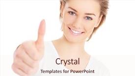  Presentation with weight loss woman showing - Cool new presentation design with picture of a happy woman showing ok sign over white background backdrop and a lemonade colored foreground