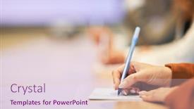  Presentation with paper - Audience pleasing theme consisting of picture-of-a-human-hand backdrop and a sky blue colored foreground