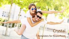  Presentation with joyful - Slides consisting of picture of a joyful couple doing piggyback in the park background and a lemonade colored foreground