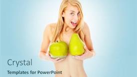  Presentation with apple pear - Amazing slide deck having picture of a nude woman holding an apple and a pear over blue background backdrop and a sky blue colored foreground