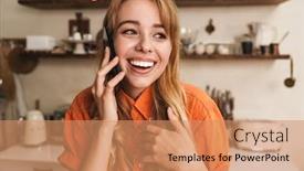  Presentation with cooking chef - Cool new slides with picture of a pleased happy smiling young blonde girl chef cooking at the kitchen talking by mobile phone backdrop and a coral colored foreground
