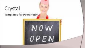  Presentation with now - Amazing slide set having picture of a pretty waitress showing a board with a now open inscription over white background backdrop and a sky blue colored foreground