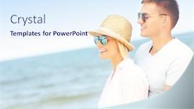  Presentation with romantic beach - Audience pleasing presentation design consisting of picture of a romantic couple standing at the beach backdrop and a sky blue colored foreground