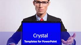  Presentation with young business man - PPT theme with picture of a serious young business man presenting you a laptop on gray background background and a royal blue colored foreground