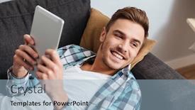  Presentation with cage - Cool new PPT layouts with picture of a smiling bristle man dressed in shirt in a cage print lies on sofa in home and using tablet computer looking aside backdrop and a light blue colored foreground